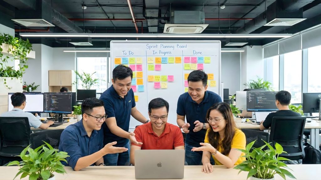 Đội kỹ sư Sunshine họp sprint, bàn UI/UX và kiến trúc hệ thống.
