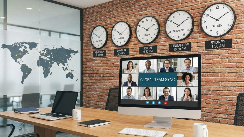 Bảng đồng hồ nhiều múi giờ và team đang họp online.
