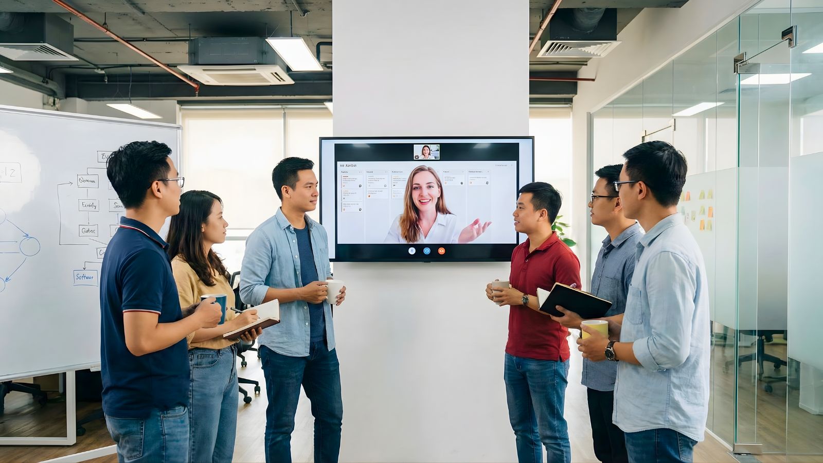 Cuộc họp standup giữa khách hàng quốc tế và đội Sunshine.
