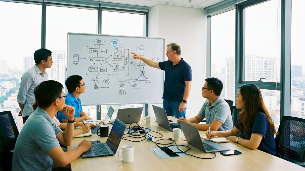 PM và Architect Sunshine trong buổi workshop với khách hàng quốc tế.
