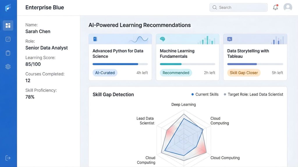 Giao diện AI Adaptive Learning trong LMS doanh nghiệp phát hiện skill gap