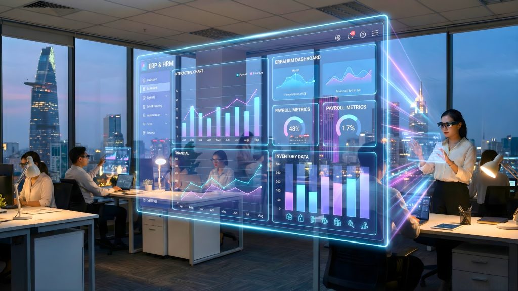 Dashboard ERP và HRM dạng hologram trong văn phòng công nghệ Việt Nam năm 2026.