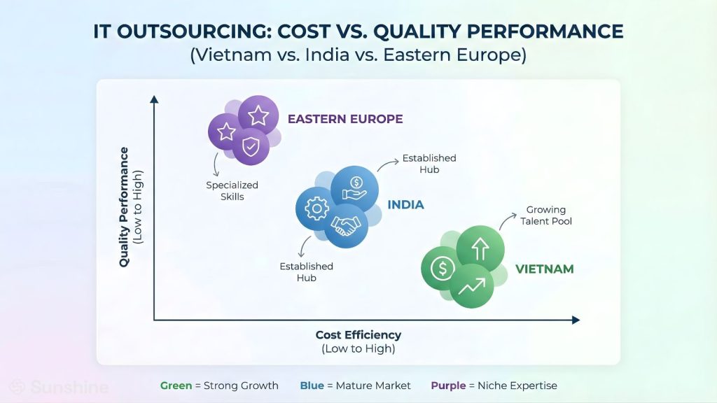 Biểu đồ so sánh chi phí và hiệu suất phát triển phần mềm: Việt Nam vs Ấn Độ & Đông Âu 2026