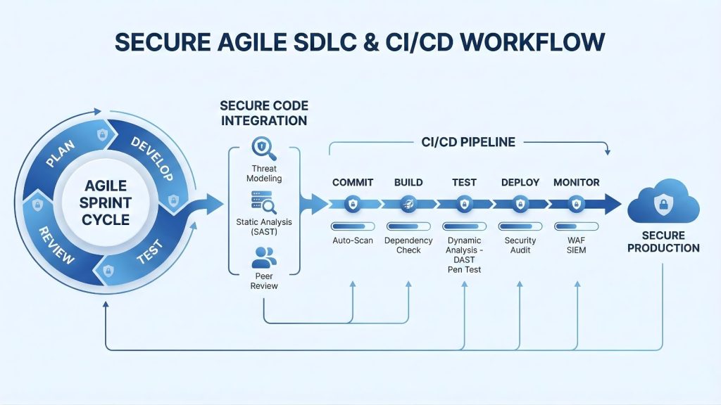 Lưu đồ Secure SDLC + Agile/CI-CD.