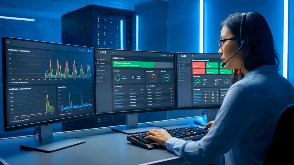 Kỹ sư QA kiểm thử hiệu năng LMS với dashboard monitoring enterprise.