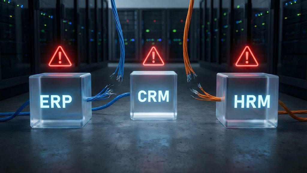 Hệ thống ERP, CRM và HRM bị tách rời do thiếu API kết nối gây ra data silos.