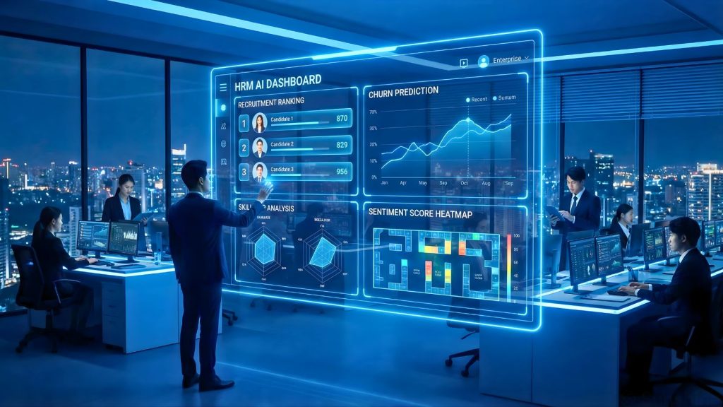 HRM AI dashboard hiển thị tuyển dụng, churn prediction, skill gaps và sentiment score cho doanh nghiệp 2026.