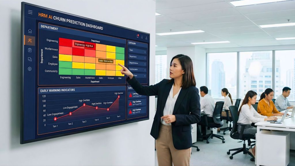 Biểu đồ AI dự báo rủi ro nghỉ việc theo phòng ban bằng heatmap.