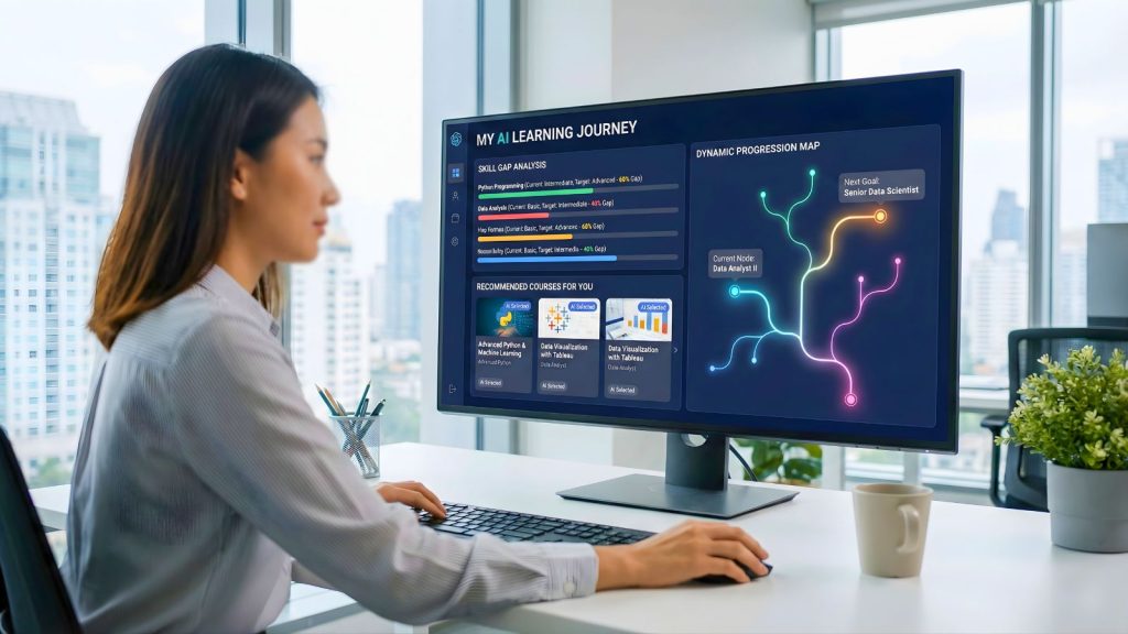 AI gợi ý lộ trình học tập cá nhân hóa dựa trên skill gap của nhân viên.