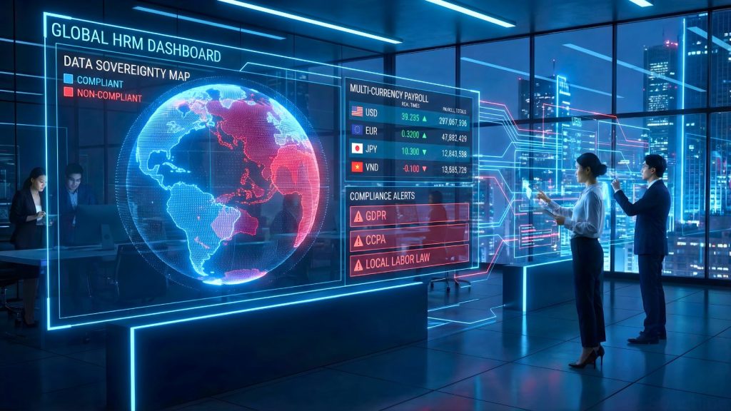 Dashboard HRM toàn cầu hiển thị payroll đa tiền tệ, cảnh báo compliance và phân vùng dữ liệu quốc gia.