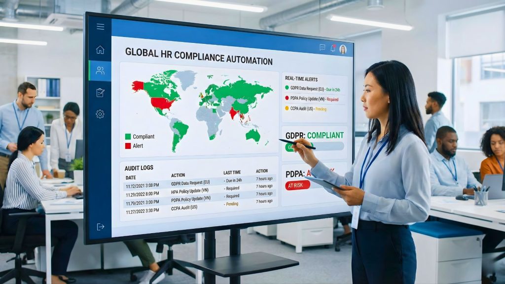 Hệ thống HRM tự động cảnh báo tuân thủ, quản lý audit logs và theo dõi tiêu chuẩn GDPR/PDPA.