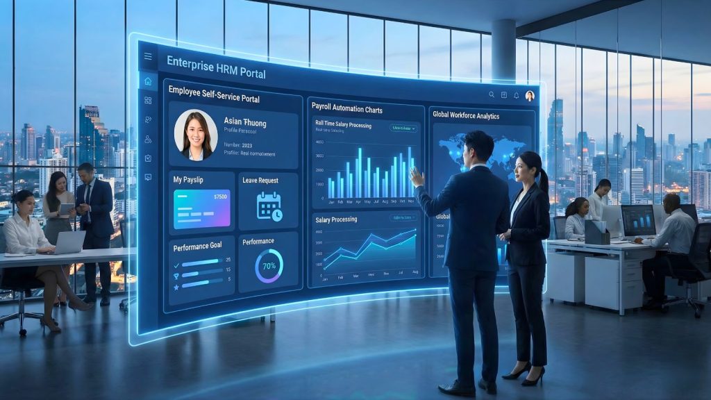 HRM Portal tùy chỉnh cho doanh nghiệp 1.000+ nhân sự với giao diện ESS và dashboard lãnh đạo.