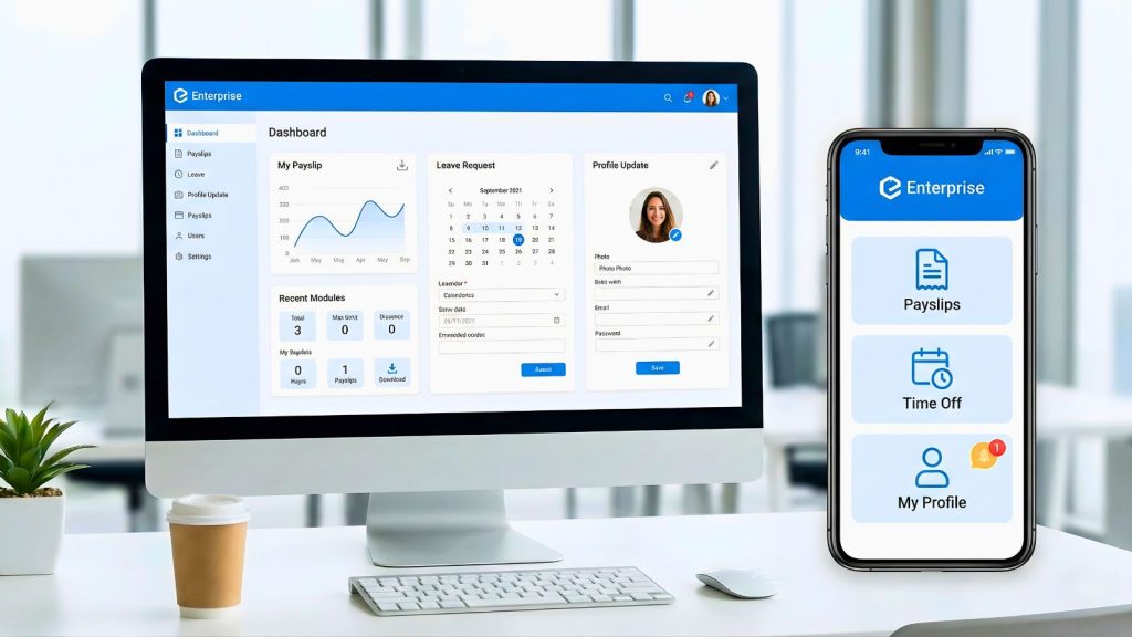 Giao diện ESS Web/App cho nhân viên với phiếu lương, xin nghỉ phép và cập nhật hồ sơ.