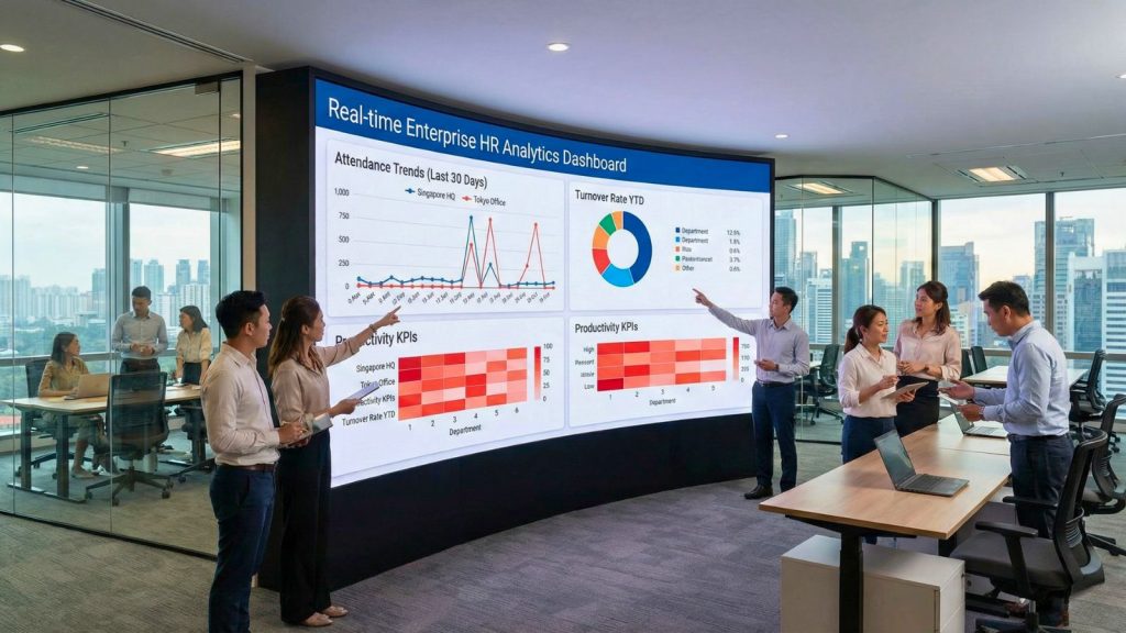 Dashboard HR realtime hiển thị chuyên cần, biến động nhân sự và năng suất theo ca.