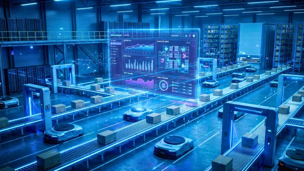 Kho thông minh vận hành bằng WMS realtime với AGV, RFID và dashboard hologram.