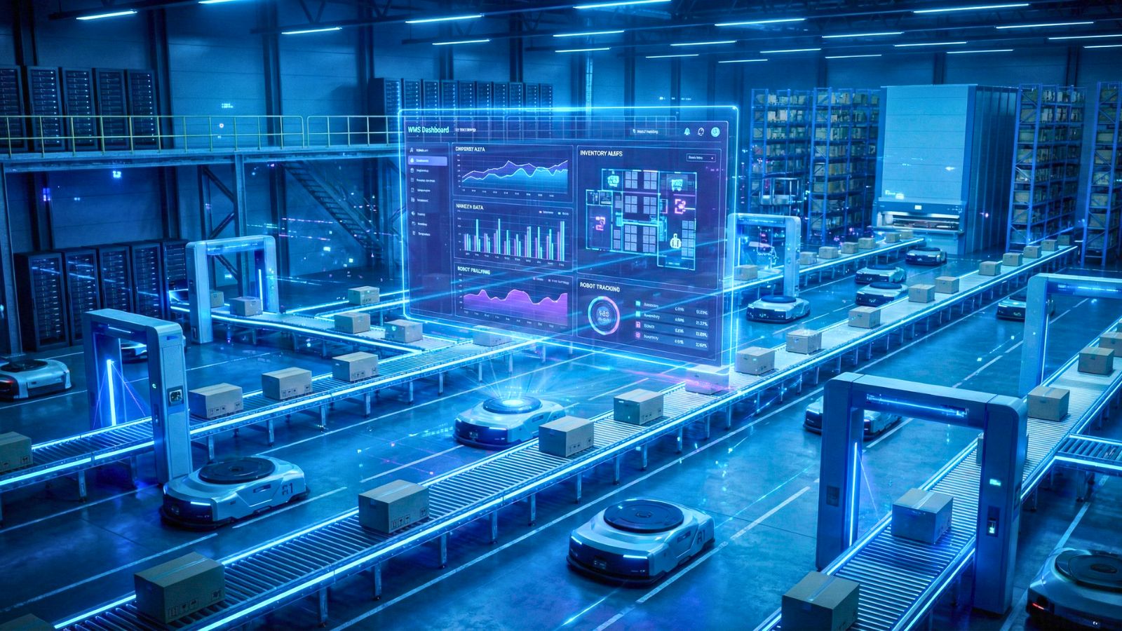 Kho thông minh vận hành bằng WMS realtime với AGV, RFID và dashboard hologram.