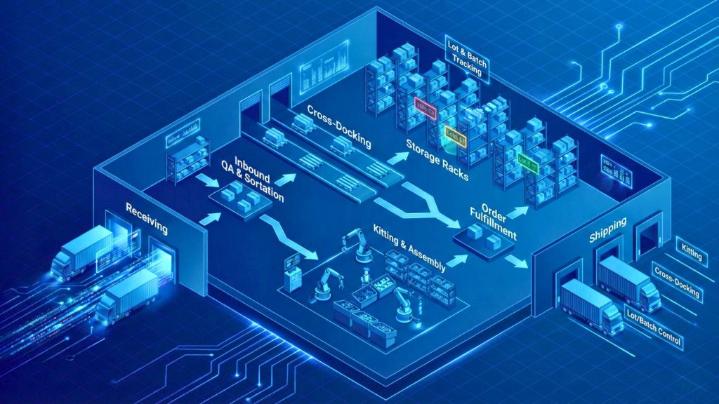 Sơ đồ workflow kho đặc thù gồm kitting, cross-docking và lot tracking trên WMS tùy chỉnh.