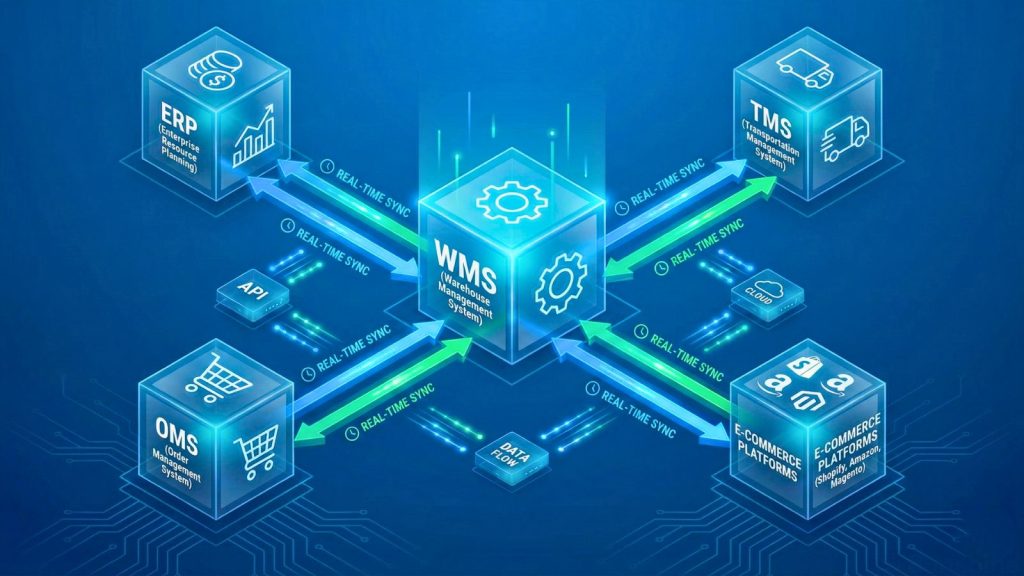 Sơ đồ tích hợp WMS với ERP, TMS, OMS và e-commerce theo thời gian thực.