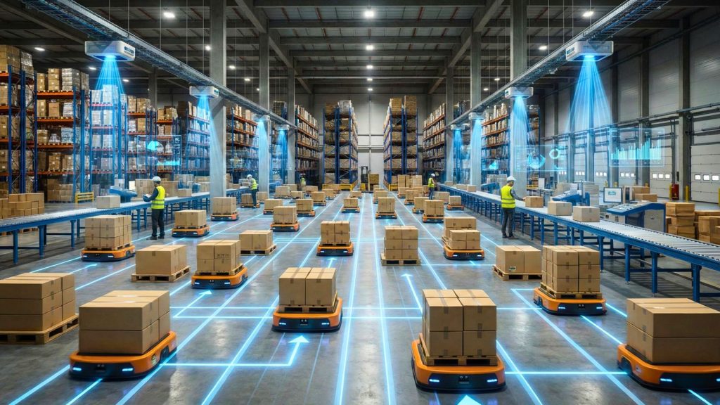Kho tự động hóa sử dụng AGV, RFID và thuật toán AI tối ưu picking route.