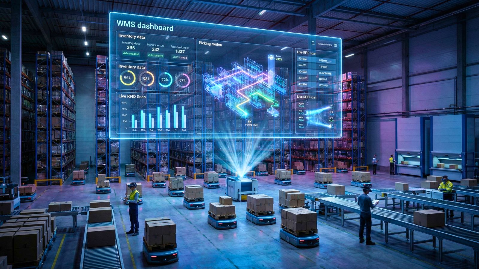 Hologram WMS realtime hiển thị tồn kho, lộ trình picking và hiệu suất trong kho vận hiện đại.