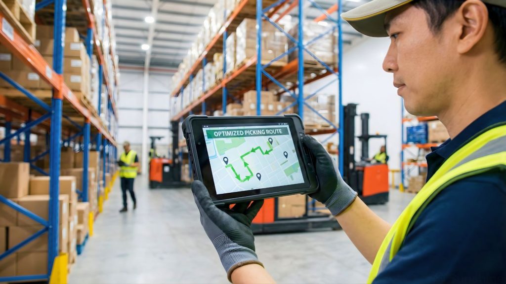 Nhân viên kho xem lộ trình picking tối ưu trên thiết bị cầm tay sử dụng thuật toán thông minh.
