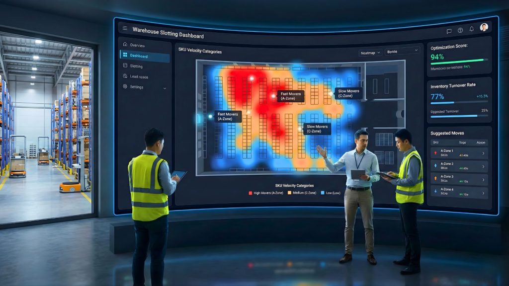 Dashboard phân tích tốc độ SKU với heatmap slotting tối ưu vị trí hàng trong kho.