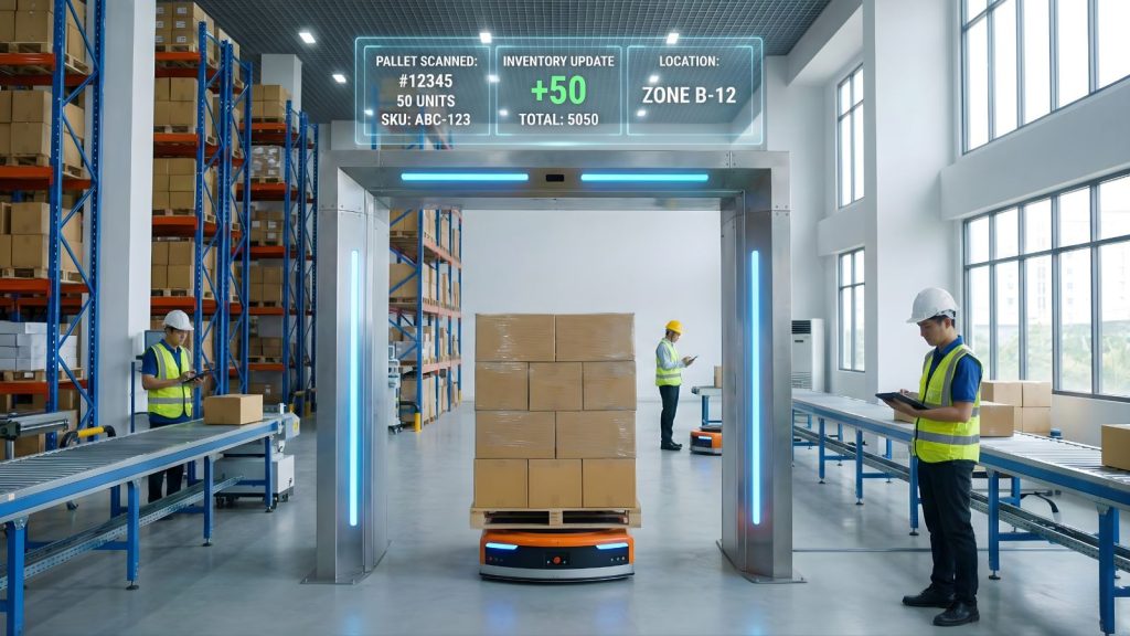 Cổng RFID quét pallet và cập nhật tồn kho realtime trên dashboard WMS.
