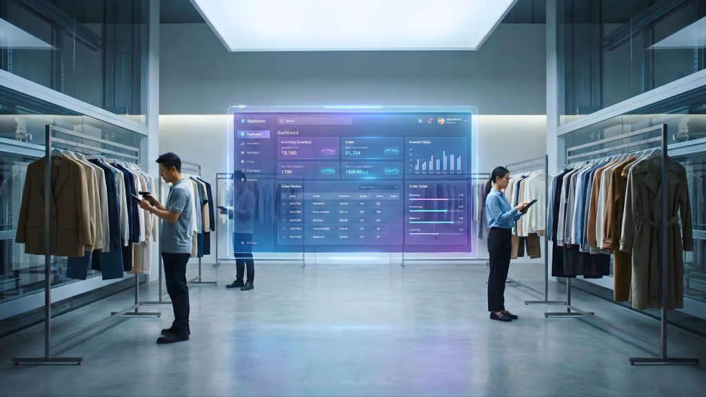 Kho bán lẻ thời trang vận hành bằng hệ thống WMS tùy chỉnh với mobile scanner và dashboard hologram.