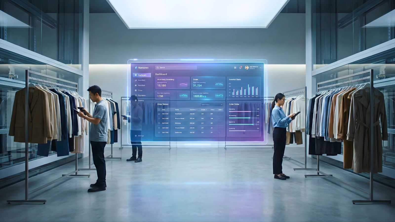 Kho bán lẻ thời trang vận hành bằng hệ thống WMS tùy chỉnh với mobile scanner và dashboard hologram.