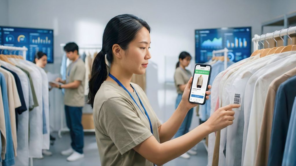 Nhân viên kho bán lẻ dùng ứng dụng WMS trên smartphone để quét barcode và cập nhật tồn kho realtime.