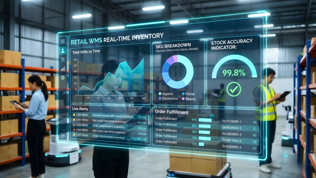 Dashboard WMS realtime hiển thị tồn kho, top SKU và độ chính xác hàng hóa cho chuỗi bán lẻ.