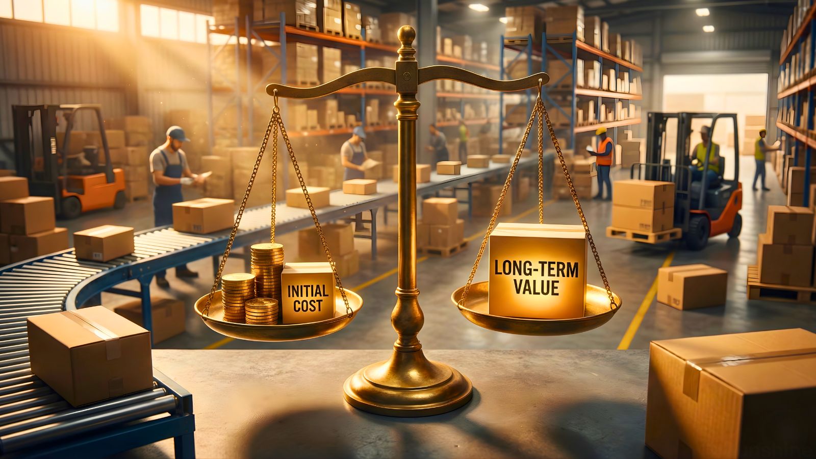 Minh họa ROI WMS tùy chỉnh với cán cân chi phí – giá trị dài hạn trong kho E-commerce.