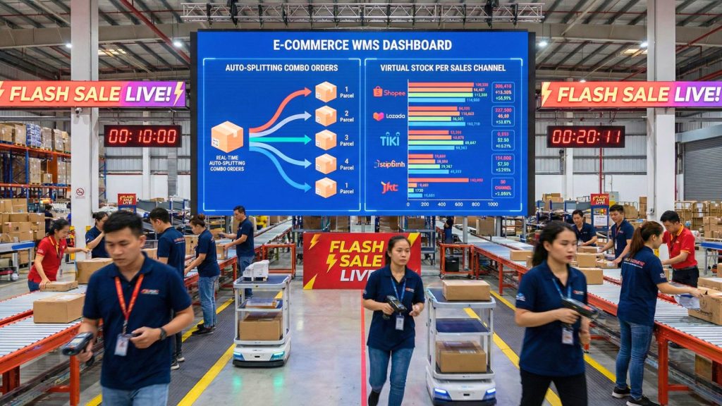 WMS tùy chỉnh xử lý Flash Sale và tự động tách combo, quản lý tồn kho ảo đa kênh E-commerce.