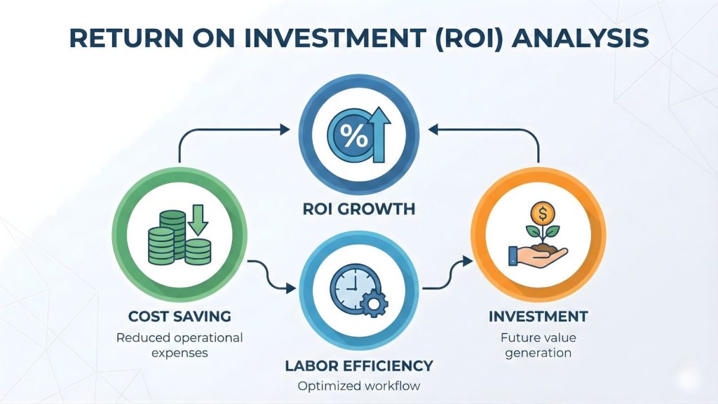 Infographic công thức tính ROI WMS gồm tiết kiệm SaaS, năng suất lao động và chi phí đầu tư.