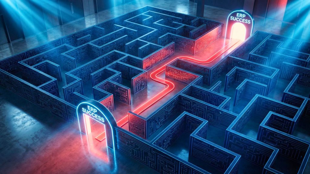 Minh họa mê cung thách thức triển khai ERP với lối đi đỏ dẫn đến ERP Success.