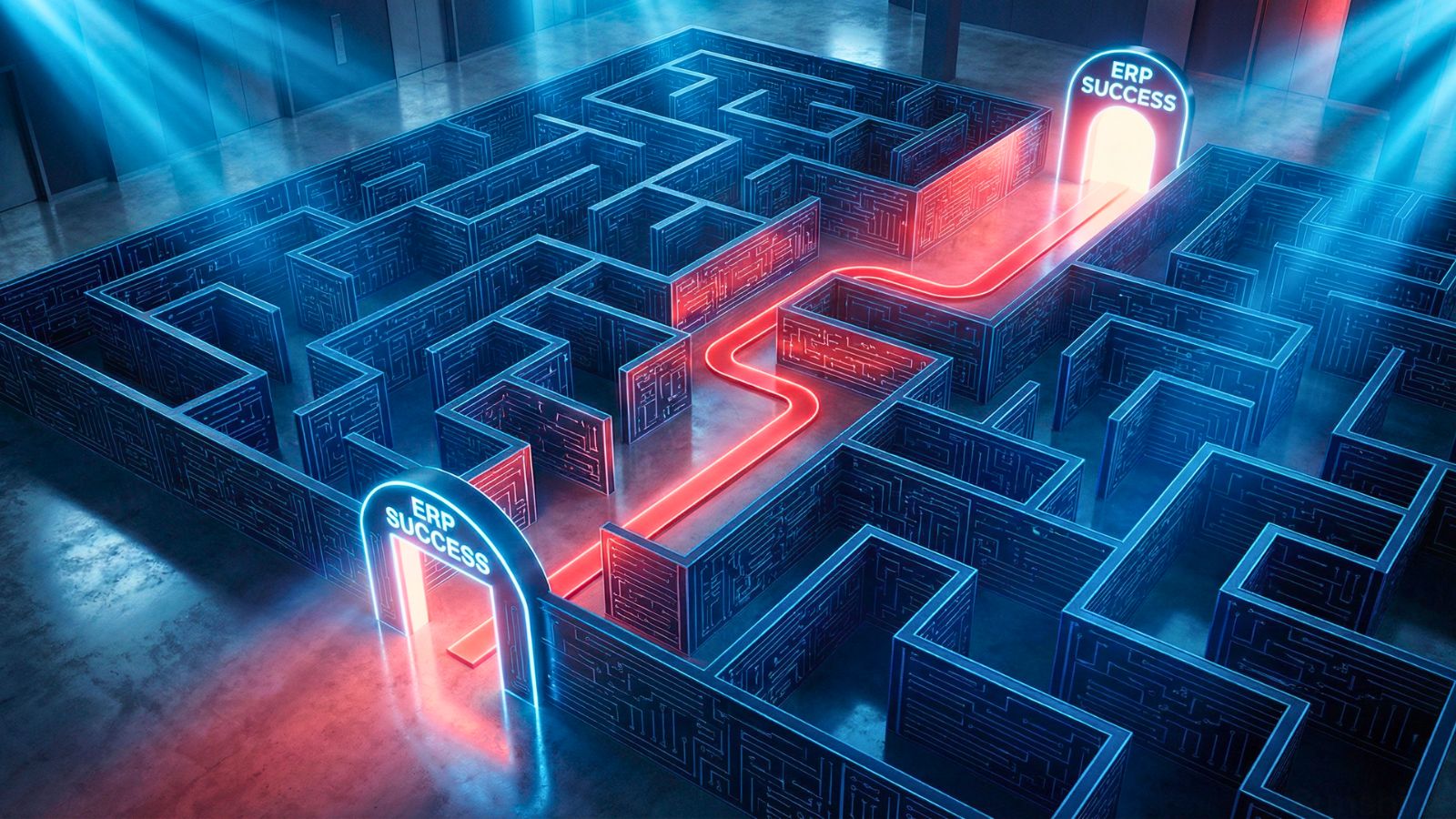 Minh họa mê cung thách thức triển khai ERP với lối đi đỏ dẫn đến ERP Success.