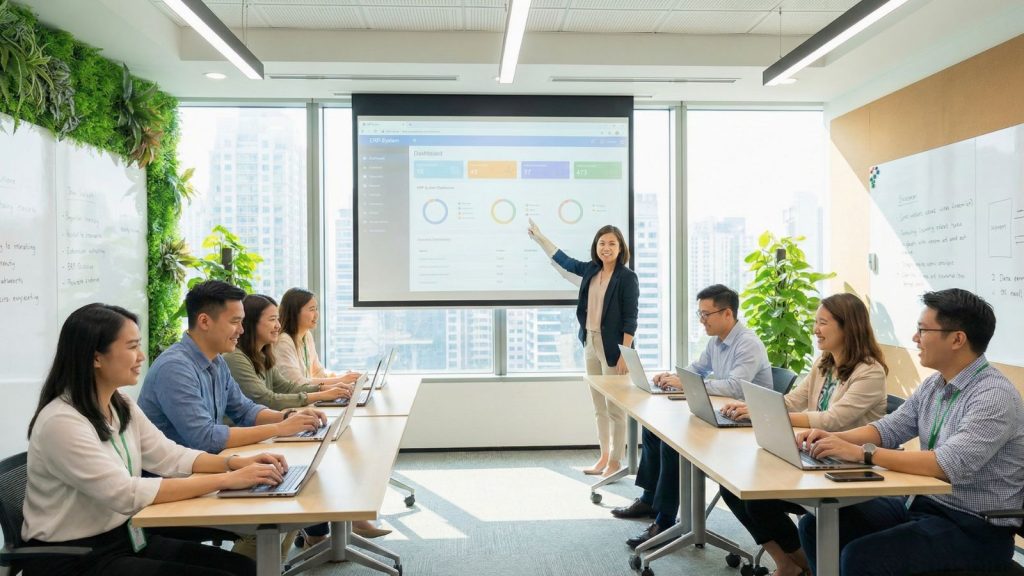 Nhân viên tham gia buổi đào tạo ERP và thực hành hệ thống trực tiếp.