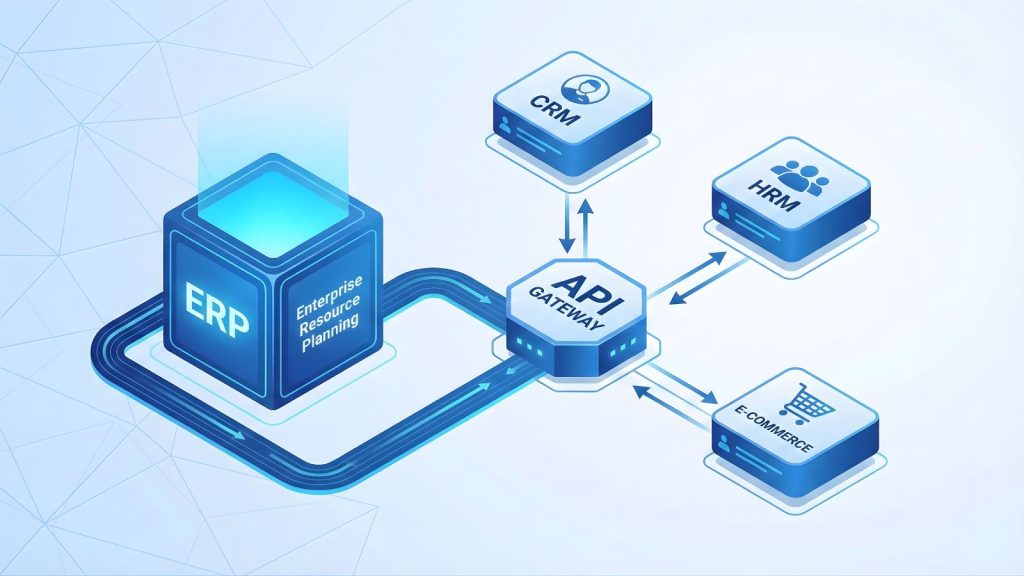 Sơ đồ ERP tích hợp CRM, HRM và E-commerce thông qua API Gateway.