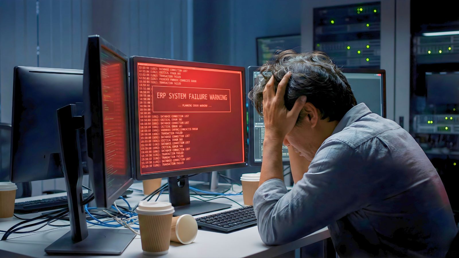 CTO kiểm tra log lỗi đỏ trên hệ thống ERP, mô phỏng dự án ERP thất bại do lỗi kỹ thuật.