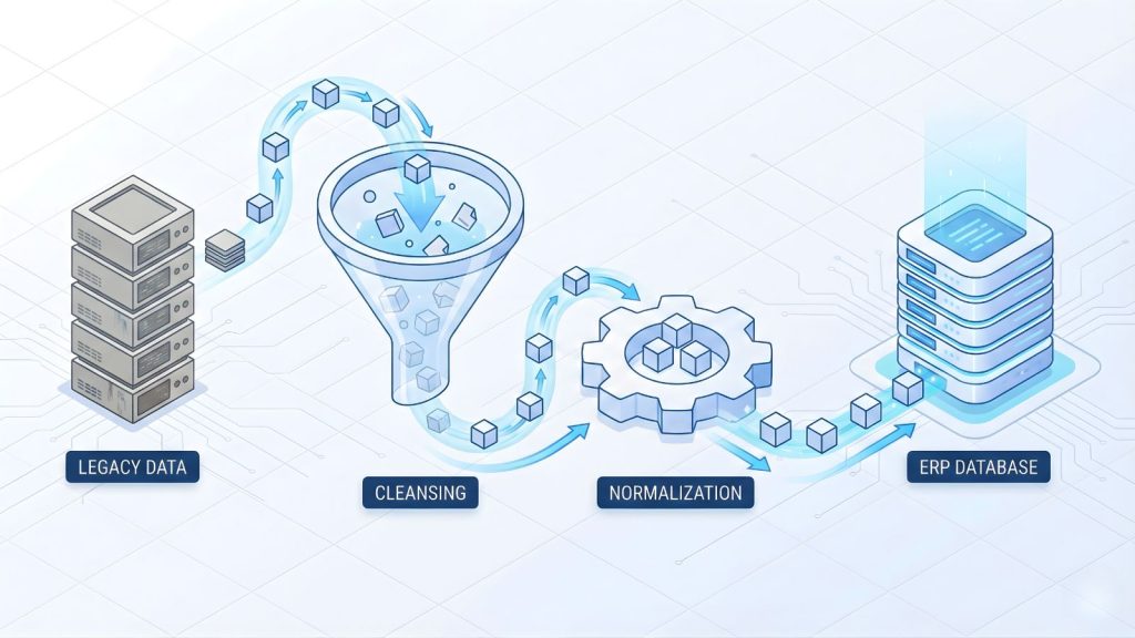 Sơ đồ ETL làm sạch dữ liệu trước khi nhập vào ERP, mô phỏng quy trình Data Migration.