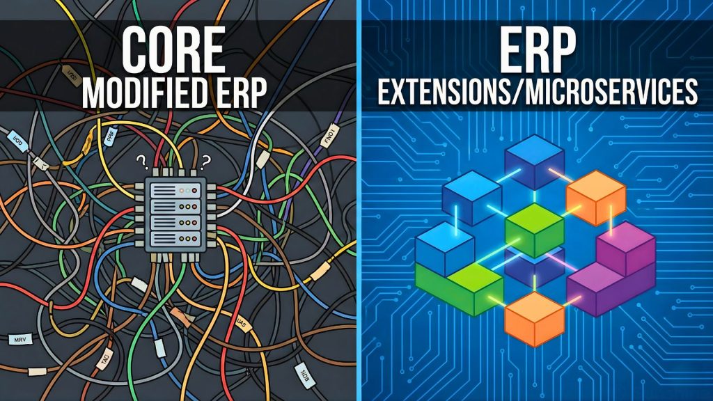 So sánh ERP chỉnh sửa core gây Spaghetti Code với kiến trúc Modular sạch.