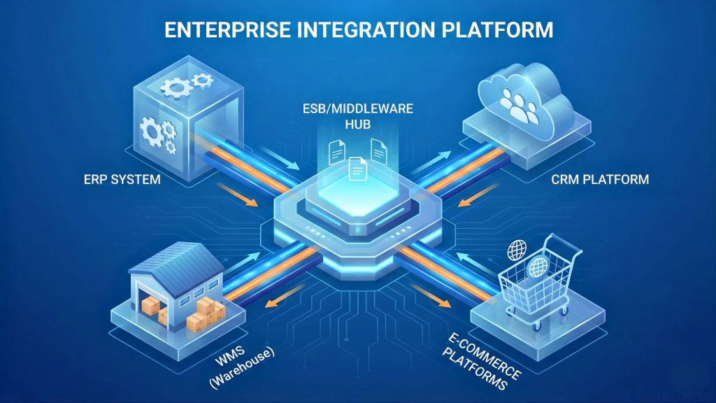 Kiến trúc ERP tích hợp CRM, WMS, E-commerce qua Middleware/ESB thay vì point-to-point.