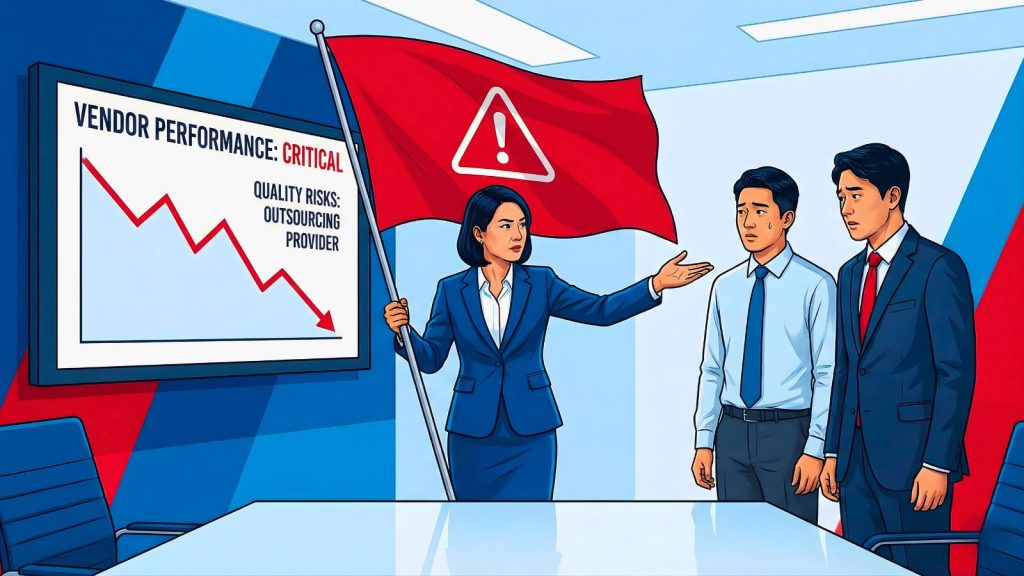 Doanh nhân giơ cờ đỏ cảnh báo rủi ro khi chọn sai đối tác gia công phần mềm.