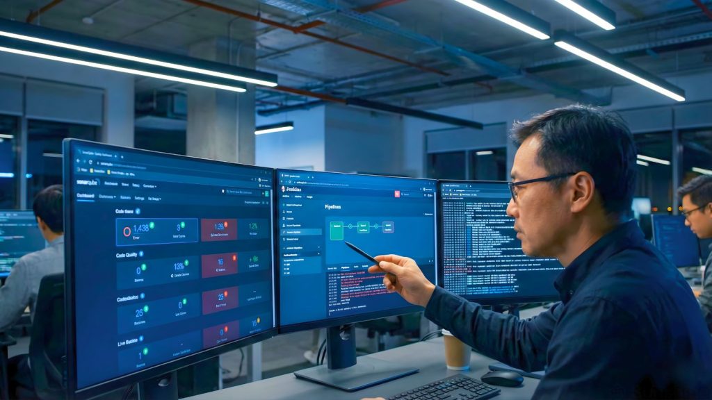 CTO đánh giá chất lượng code và CI/CD pipeline của đối tác Outsourcing trên dashboard kỹ thuật.
