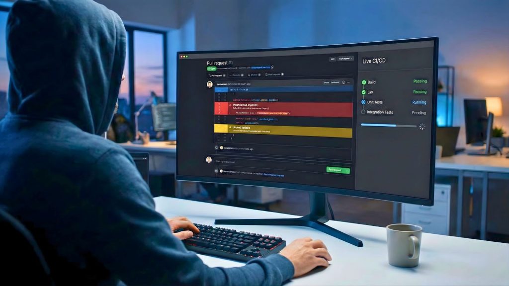Code review và CI/CD pipeline tự động hiển thị lỗi và kết quả kiểm thử.