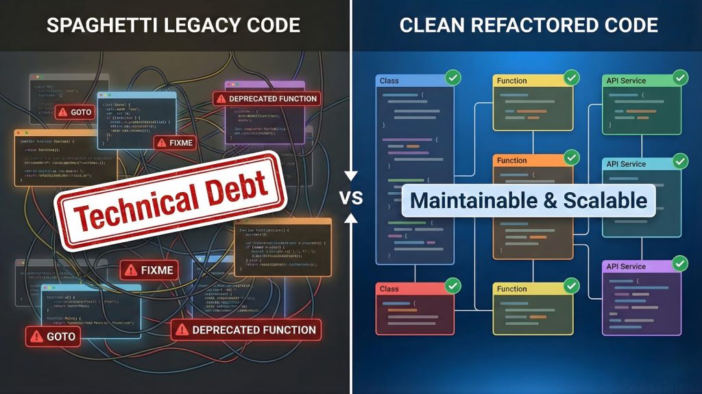 So sánh spaghetti code chứa nhiều nợ kỹ thuật và kiến trúc code đã được refactor sạch sẽ.