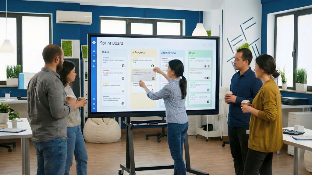 Sprint board Jira với task đang di chuyển giữa các cột thể hiện quy trình Agile chuyên nghiệp.